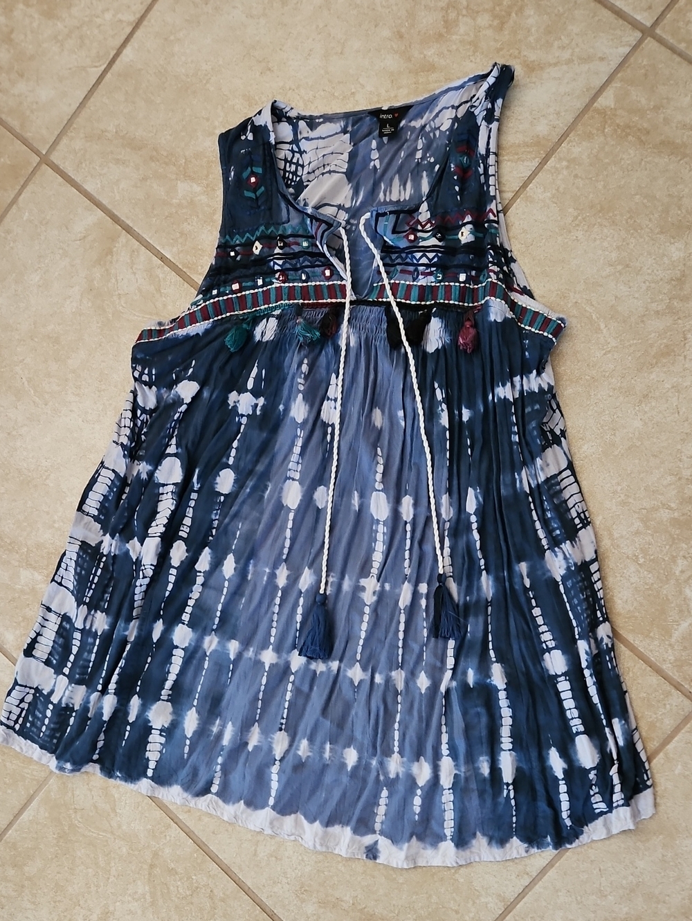 INTRO Boho Navy Tie-Dye Girls' Sleeveless Dress with Embroidered Yoke SZ L